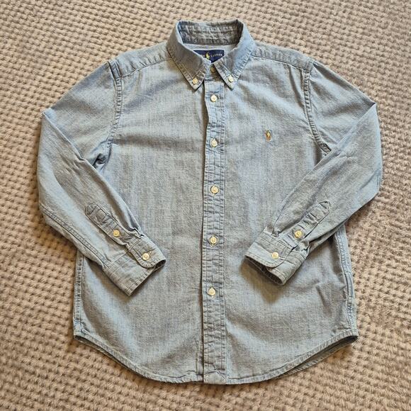 Ralph Lauren Flesh Pony Shirt Youth Boys 7 Blue Chambray Button Down Polo Logo - Picture 1 of 11